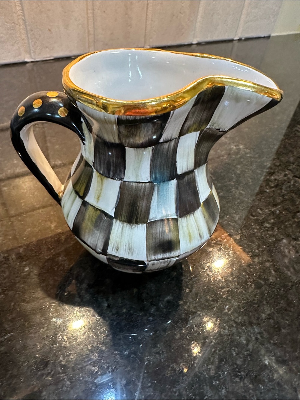 Mackenzie Childs Hand-Painted Black & White Check Ceramic Pitcher with Gold Trim
